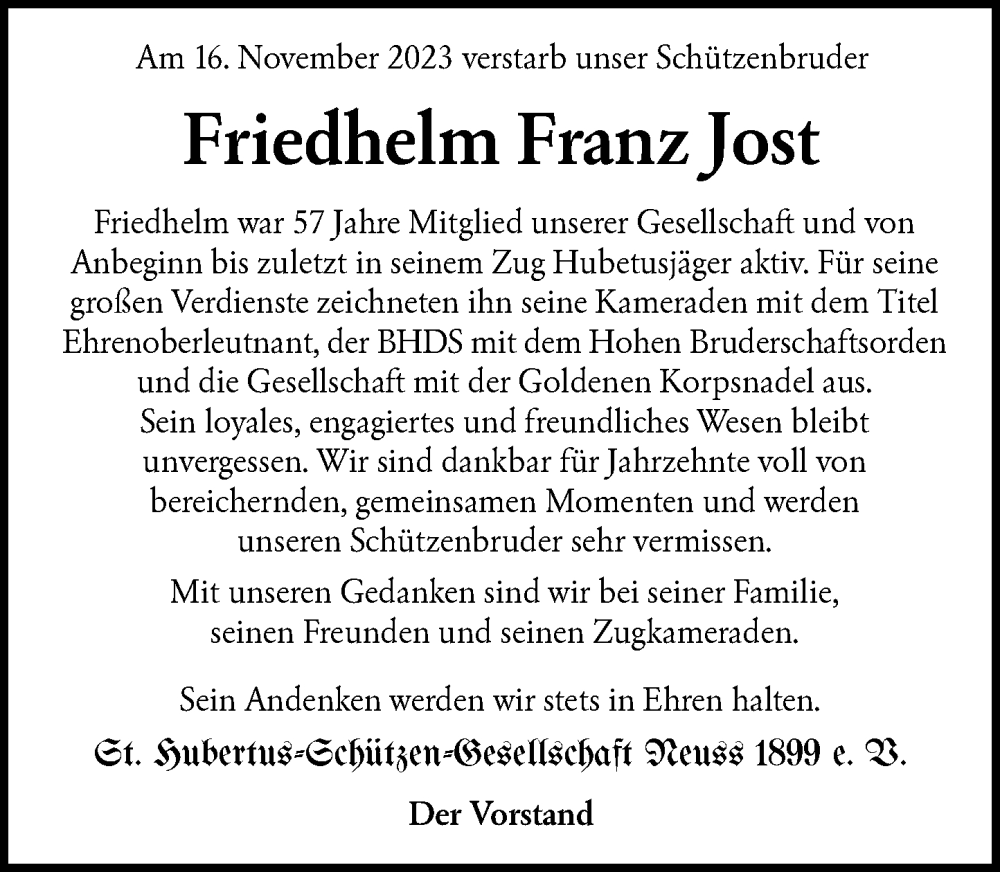  Traueranzeige für Friedhelm Franz Jost vom 02.12.2023 aus Rheinische Post