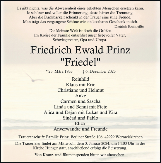 Traueranzeige von Friedrich Ewald Prinz von Rheinische Post