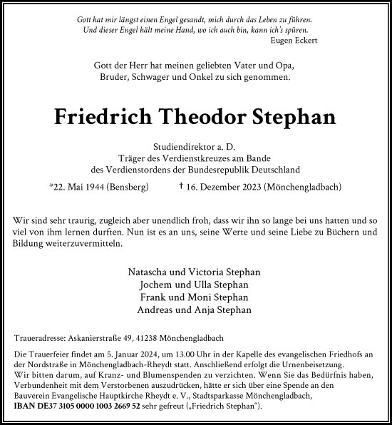 Traueranzeige von Friedrich Theodor Stephan von Rheinische Post