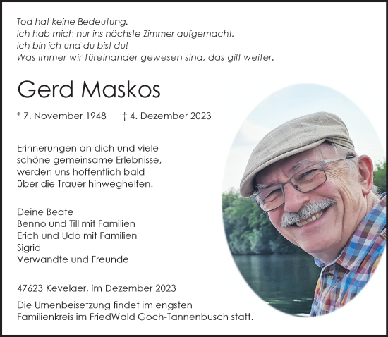 Traueranzeige von Gerd Maskos von Rheinische Post