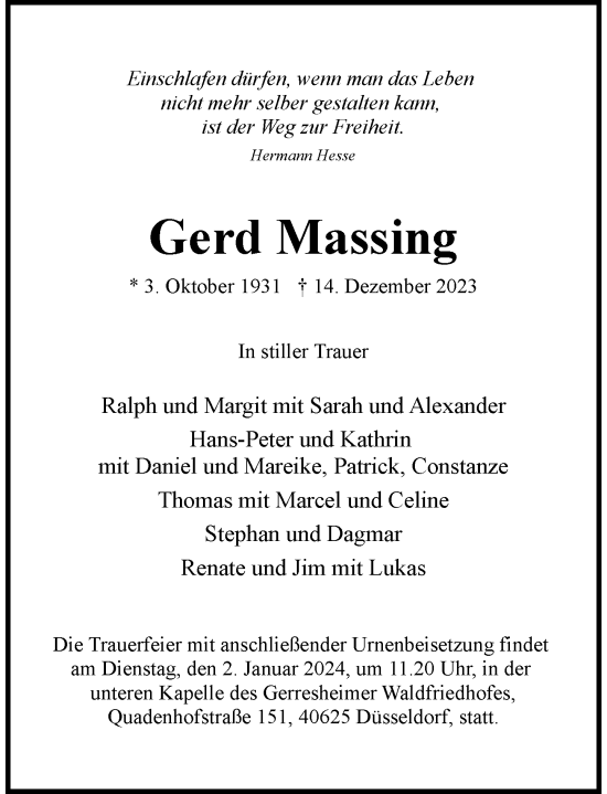 Traueranzeige von Gerd Massing von Rheinische Post