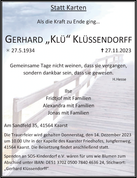 Traueranzeige von Gerhard Klüssendorff von Rheinische Post
