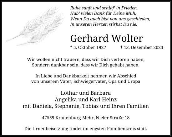 Traueranzeige von Gerhard Wolter von Rheinische Post