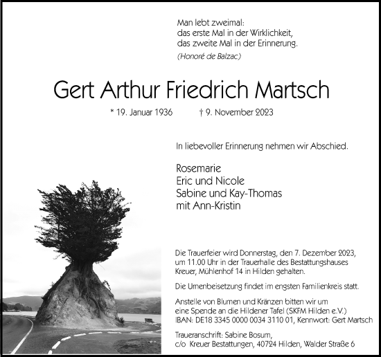 Traueranzeige von Gert Arthur Friedrich Martsch von Rheinische Post