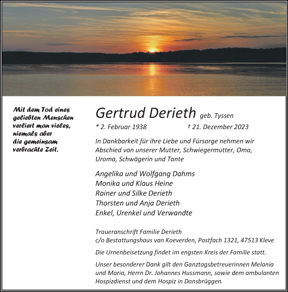  Traueranzeige für Gertrud Derieth vom 30.12.2023 aus Rheinische Post