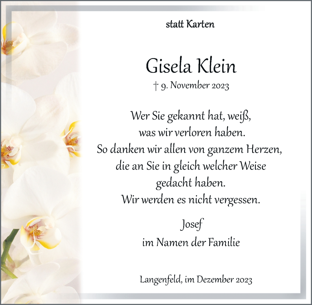  Traueranzeige für Gisela Klein vom 23.12.2023 aus Rheinische Post