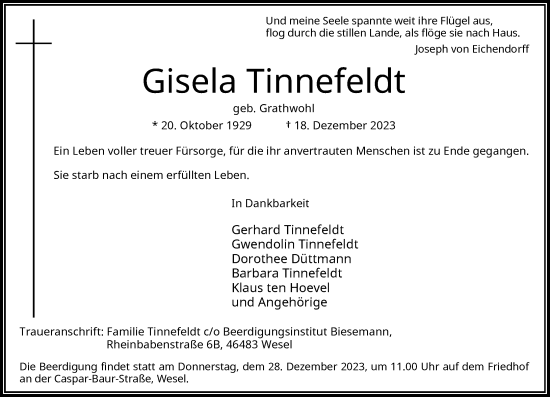 Traueranzeige von Gisela Tinnefeldt von Rheinische Post