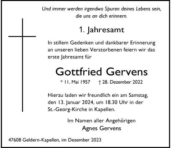 Traueranzeige von Gottfried Gervens von Rheinische Post