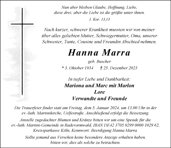 Traueranzeige von Hanna Marra von Rheinische Post