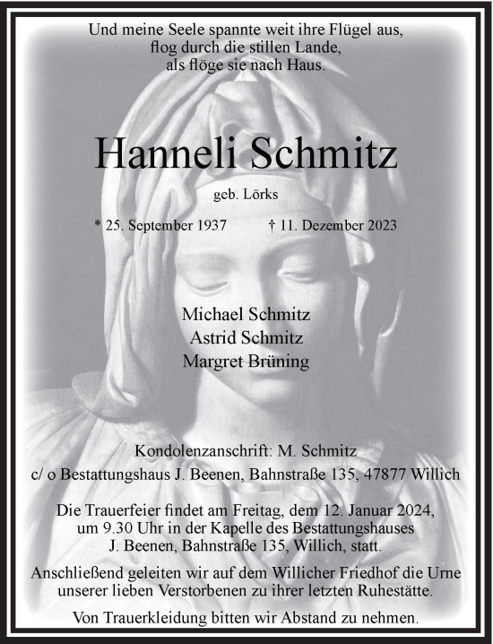 Traueranzeige von Hanneli Schmitz von Rheinische Post