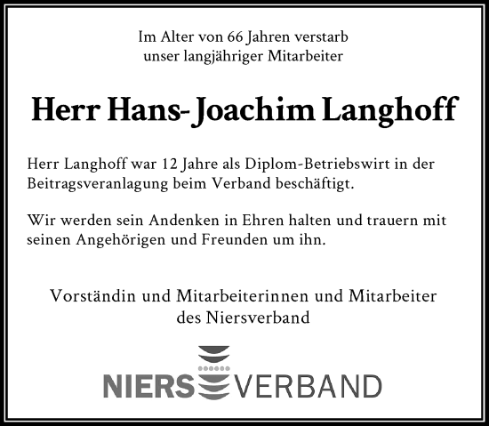 Traueranzeige von Hans-Joachim Langhoff von Rheinische Post