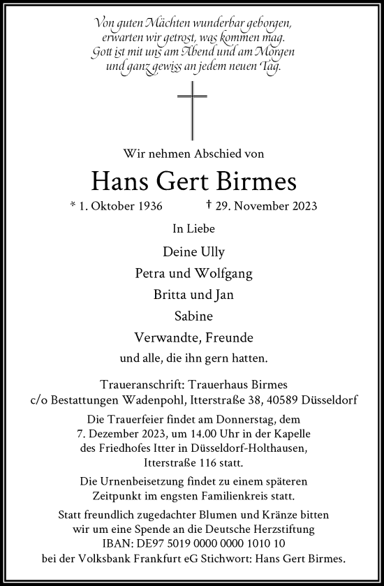 Traueranzeige von Hans Gert Birmes von Rheinische Post