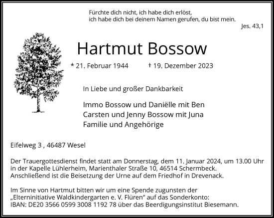 Traueranzeige von Hartmut Bossow von Rheinische Post