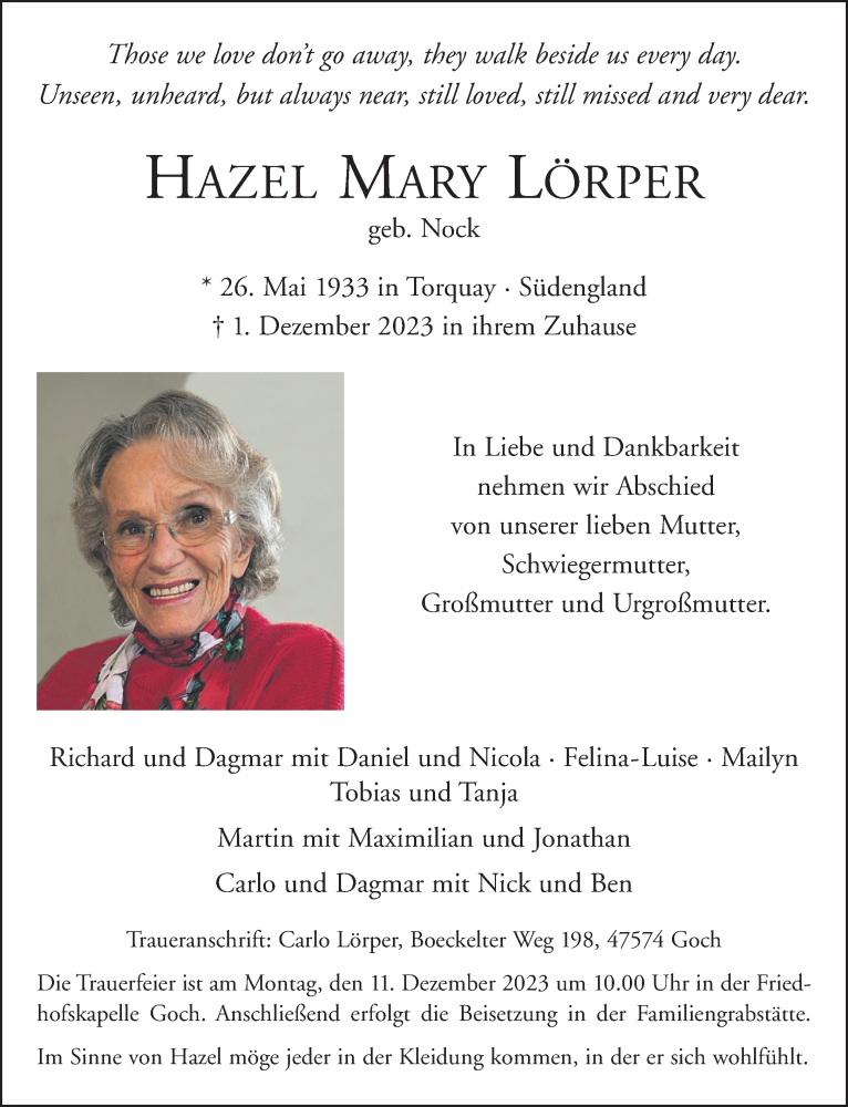  Traueranzeige für Hazel Mary Lörper vom 09.12.2023 aus Rheinische Post