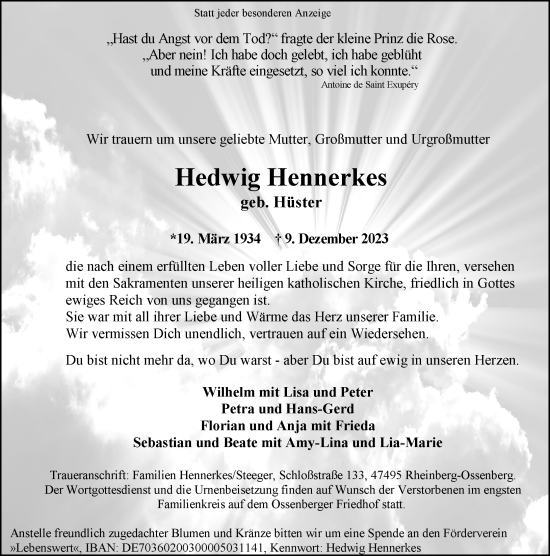 Traueranzeige von Hedwig Hennerkes von Rheinische Post