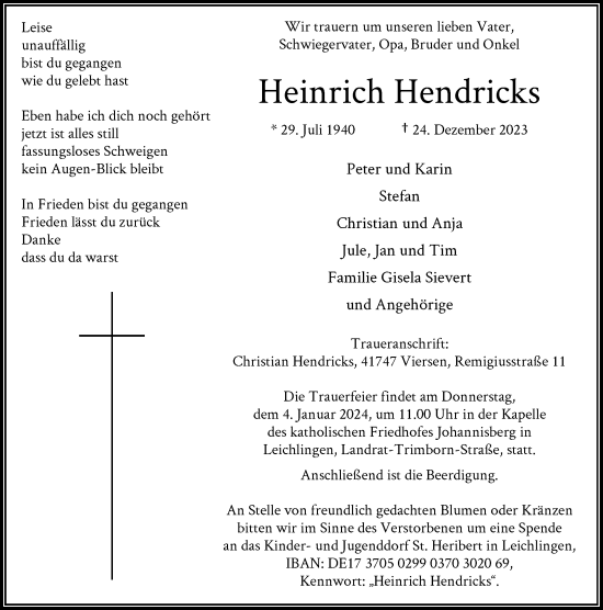 Traueranzeige von Heinrich Hendricks von Rheinische Post