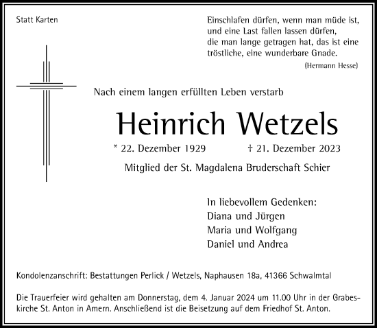 Traueranzeige von Heinrich Wetzels von Rheinische Post