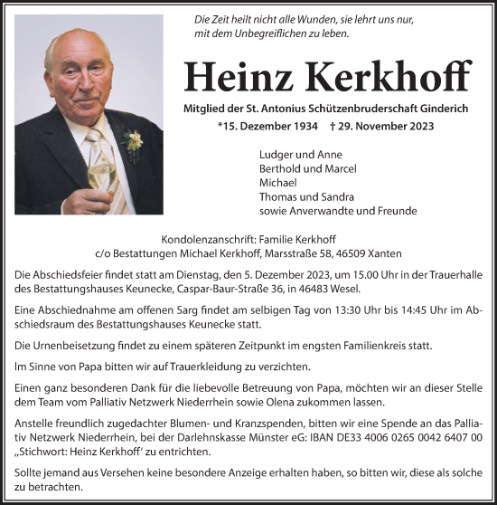 Traueranzeige von Heinz Kerkhoff von Rheinische Post