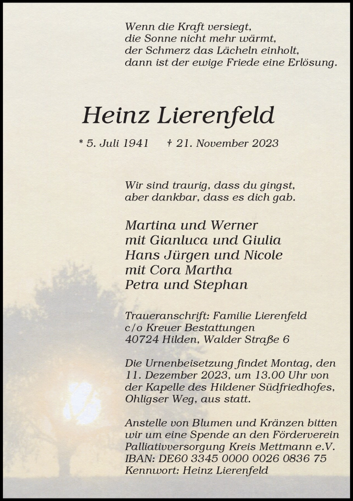  Traueranzeige für Heinz Lierenfeld vom 02.12.2023 aus Rheinische Post
