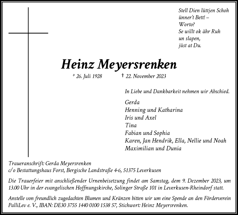  Traueranzeige für Heinz Meyersrenken vom 01.12.2023 aus Rheinische Post
