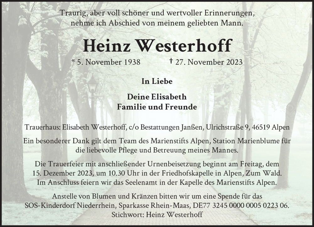  Traueranzeige für Heinz Westerhoff vom 06.12.2023 aus Rheinische Post