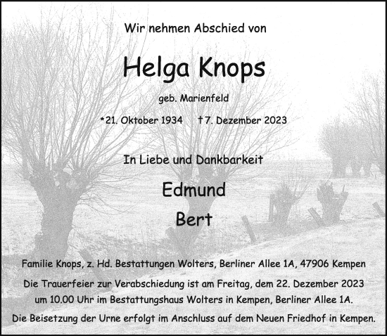 Traueranzeige von Helga Knops von Rheinische Post