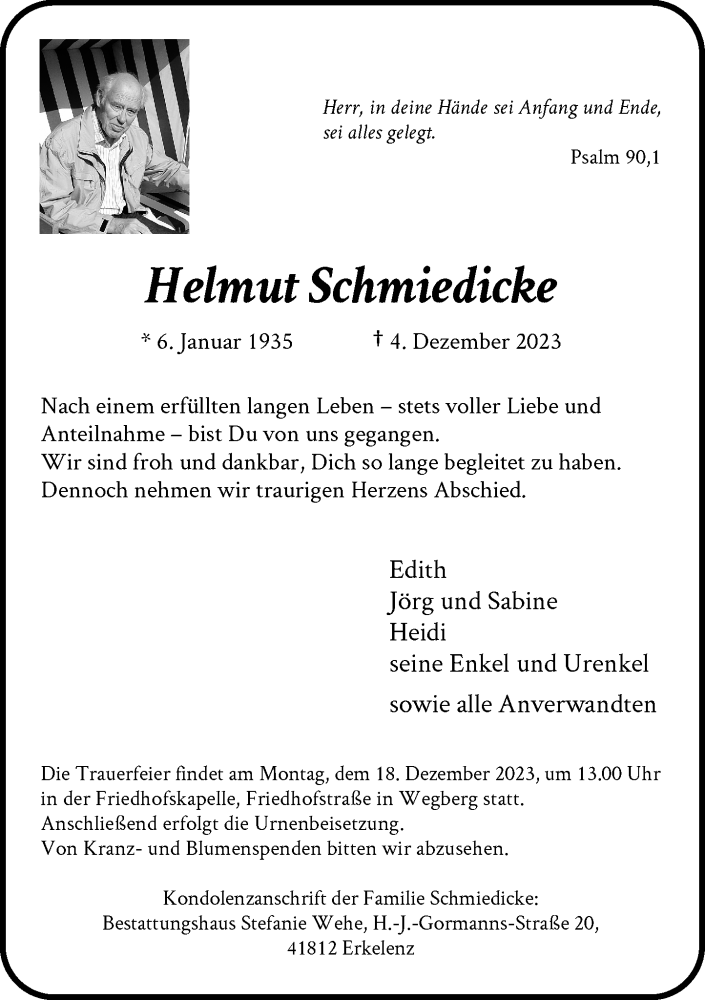  Traueranzeige für Helmut Schmiedicke vom 09.12.2023 aus Rheinische Post