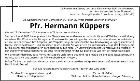 Traueranzeige von Hermann Küppers von Rheinische Post