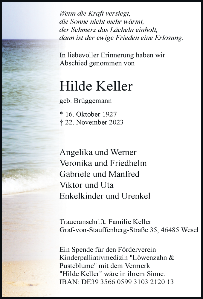  Traueranzeige für Hilde Keller vom 09.12.2023 aus Rheinische Post