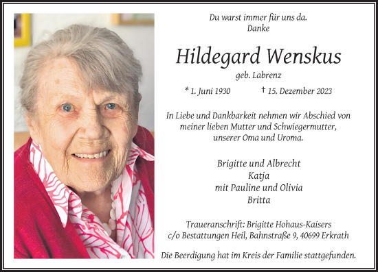 Traueranzeige von Hildegard Wenskus von Rheinische Post