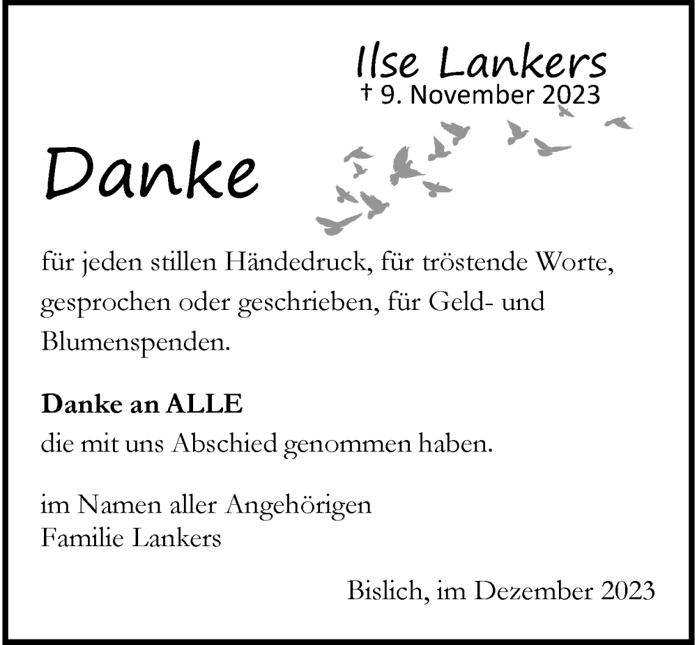  Traueranzeige für Ilse Lankers vom 23.12.2023 aus Rheinische Post