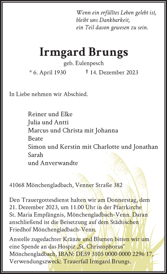 Traueranzeige von Irmgard Brungs von Rheinische Post