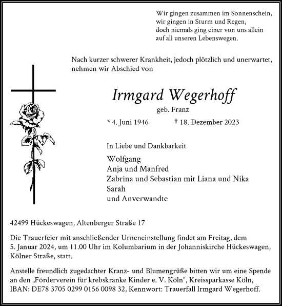 Traueranzeige von Irmgard Wegerhoff von Rheinische Post