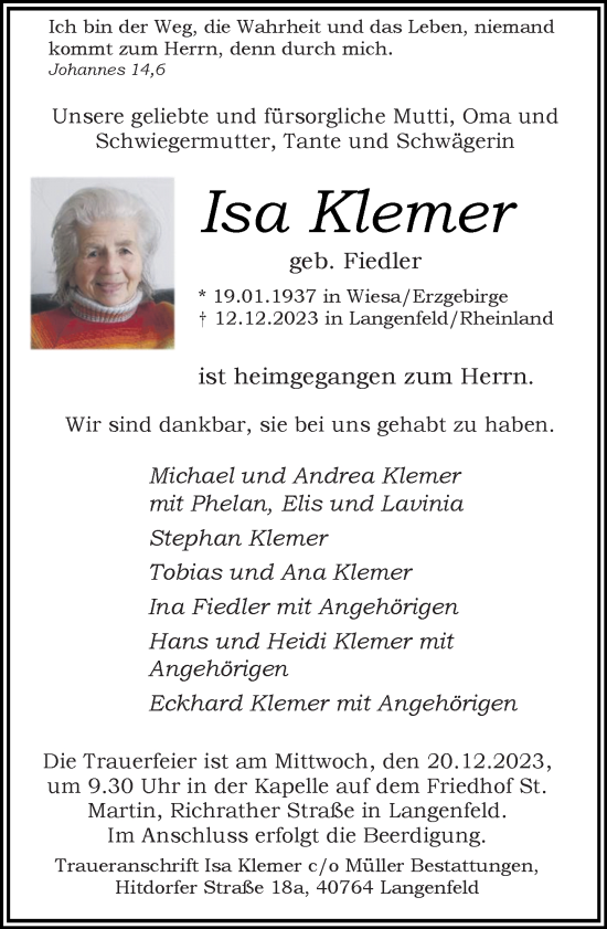 Traueranzeige von Isa Klemer von Rheinische Post