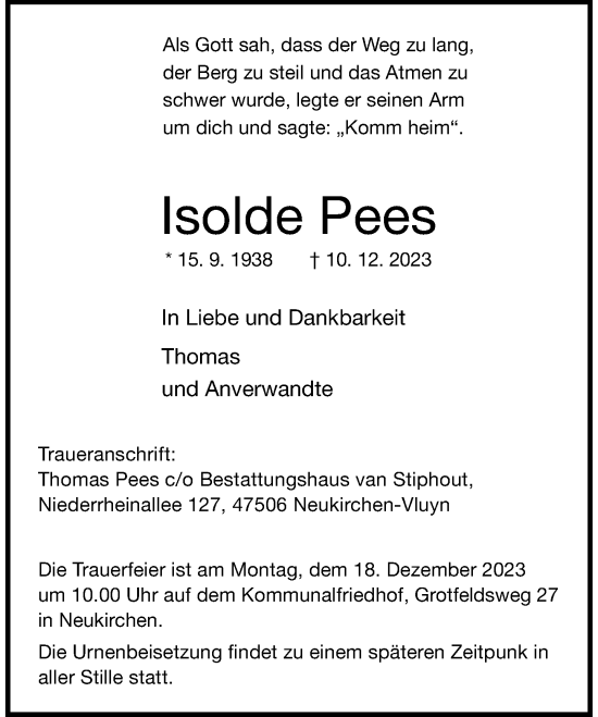 Traueranzeige von Isolde Pees von Rheinische Post