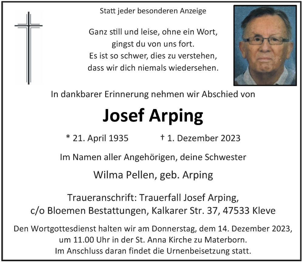  Traueranzeige für Josef Arping vom 09.12.2023 aus Rheinische Post