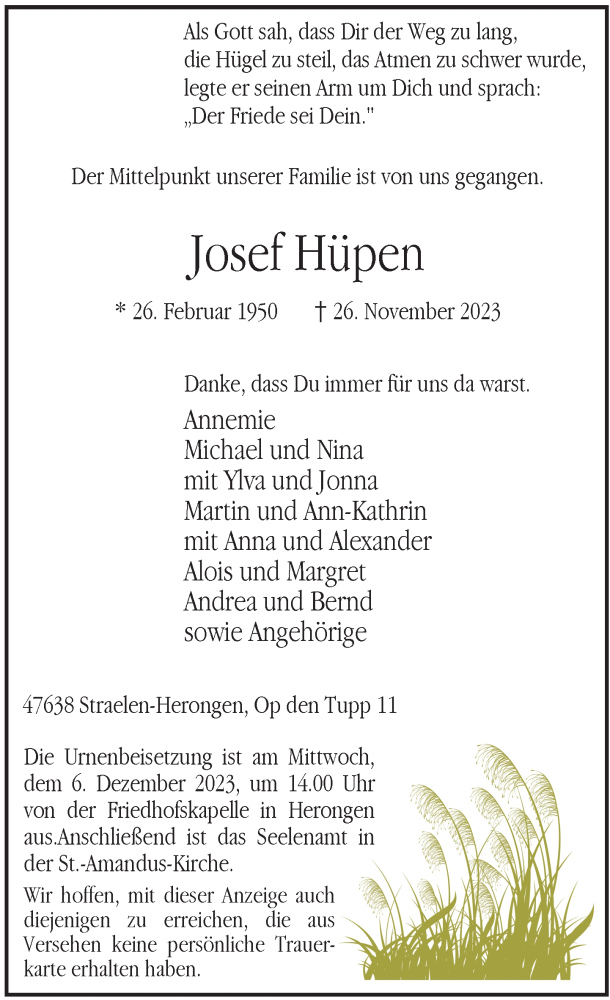  Traueranzeige für Josef Hüpen vom 02.12.2023 aus Rheinische Post