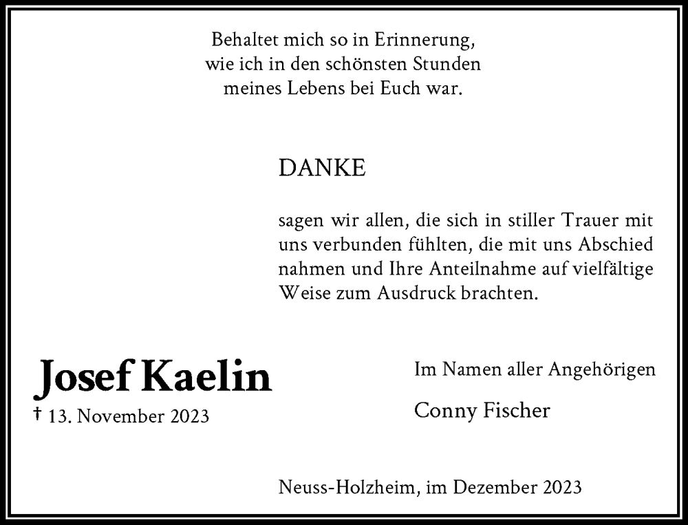  Traueranzeige für Josef Kaelin vom 23.12.2023 aus Rheinische Post