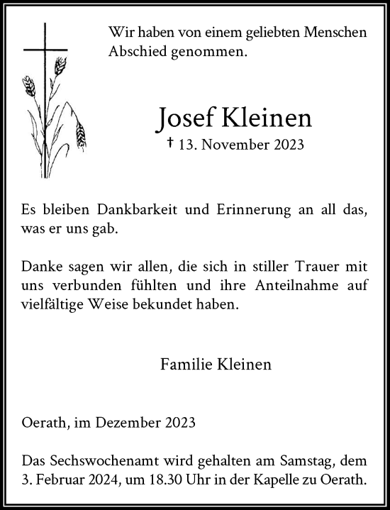 Traueranzeige von Josef Kleinen von Rheinische Post