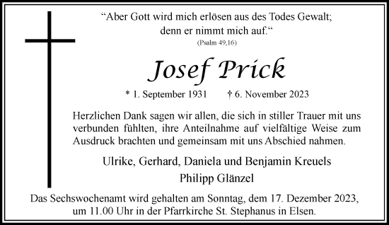 Traueranzeige von Josef Prick von Rheinische Post
