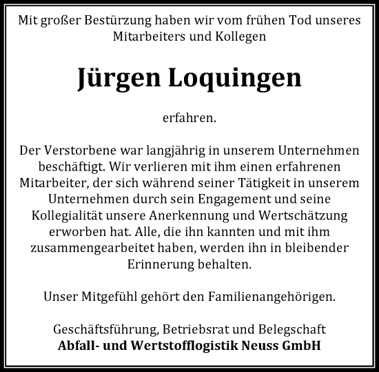 Traueranzeige von Jürgen Loquingen von Rheinische Post
