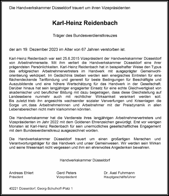 Traueranzeige von Karl-Heinz Reidenbach von Rheinische Post
