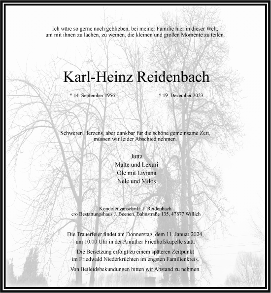 Traueranzeige von Karl-Heinz Reidenbach von Rheinische Post