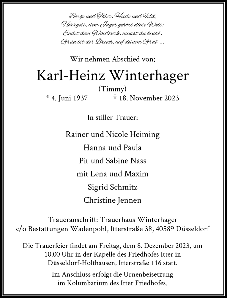  Traueranzeige für Karl-Heinz Winterhager vom 02.12.2023 aus Rheinische Post