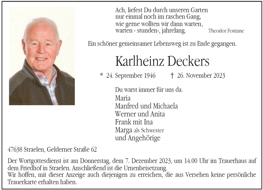  Traueranzeige für Karlheinz Deckers vom 02.12.2023 aus Rheinische Post
