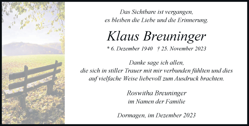  Traueranzeige für Klaus Breuninger vom 16.12.2023 aus Rheinische Post
