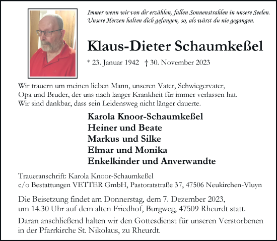 Traueranzeige von Klaus-Dieter Schaumkeßel von Rheinische Post