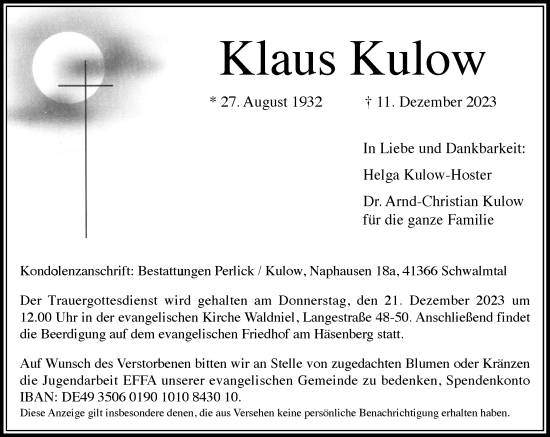 Traueranzeige von Klaus Kulow von Rheinische Post