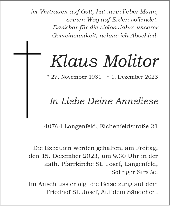 Traueranzeige von Klaus Molitor von Rheinische Post