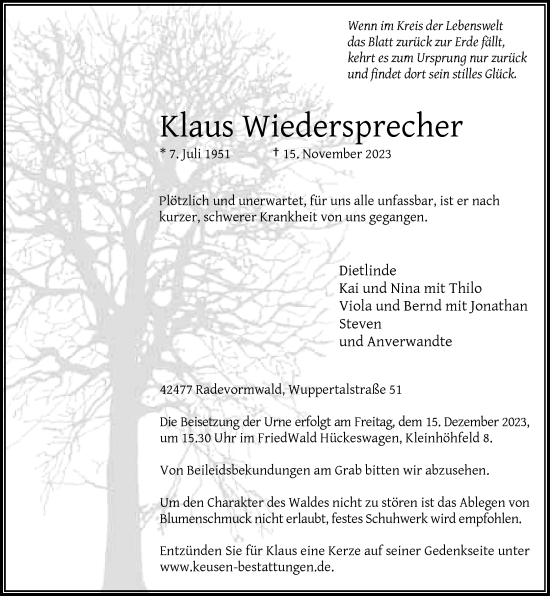 Traueranzeige von Klaus Wiedersprecher von Rheinische Post